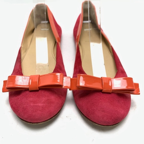 J CREW Made In ITALY Pink Orange Genuine Leather Suede Flats Bow Toe Shoes 6.5 - Picture 6 of 16